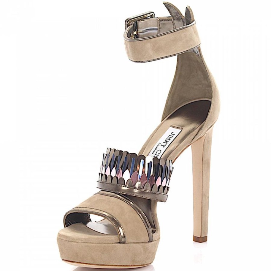 Damen Jimmy Choo Sandalen | High Heels Glattleder Kalbslederveloursleder Fransen Beige Gold Pink