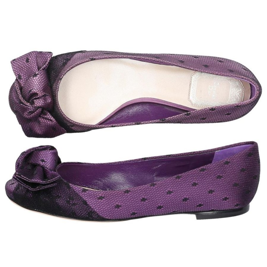 Damen Dior Ballerinas | Ballerinas Klassisch Glattleder Spitze Schleife Lila Schwarz