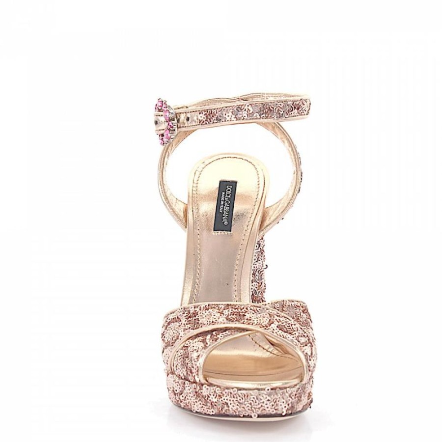 Damen Dolce & Gabbana Sandalen | Plateausandalen Kalbsledertextil Pailletten Schmuckstein Rose