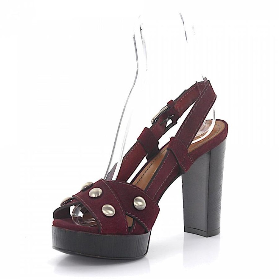 Damen Rossano Bisconti Sandalen | Plateausandalen Glattleder Holz Veloursleder Nieten Bordeaux