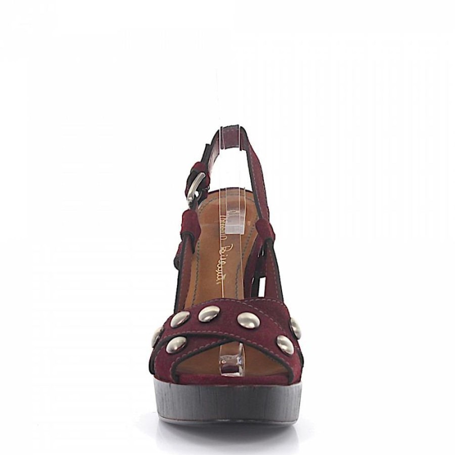 Damen Rossano Bisconti Sandalen | Plateausandalen Glattleder Holz Veloursleder Nieten Bordeaux