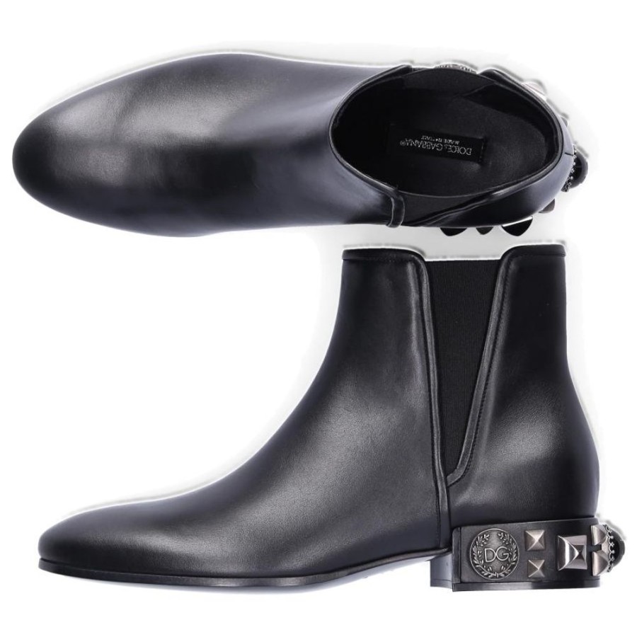 Damen Dolce & Gabbana Stiefeletten | Chelsea Boots Napolinappaleder Logo Nieten Schwarz