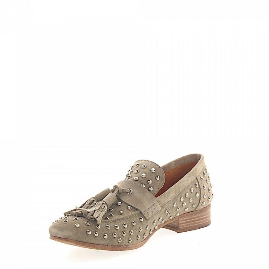 Damen Rossano Bisconti Ballerinas | Tassel Loafer 2002 Veloursleder Taupe Nieten Silber